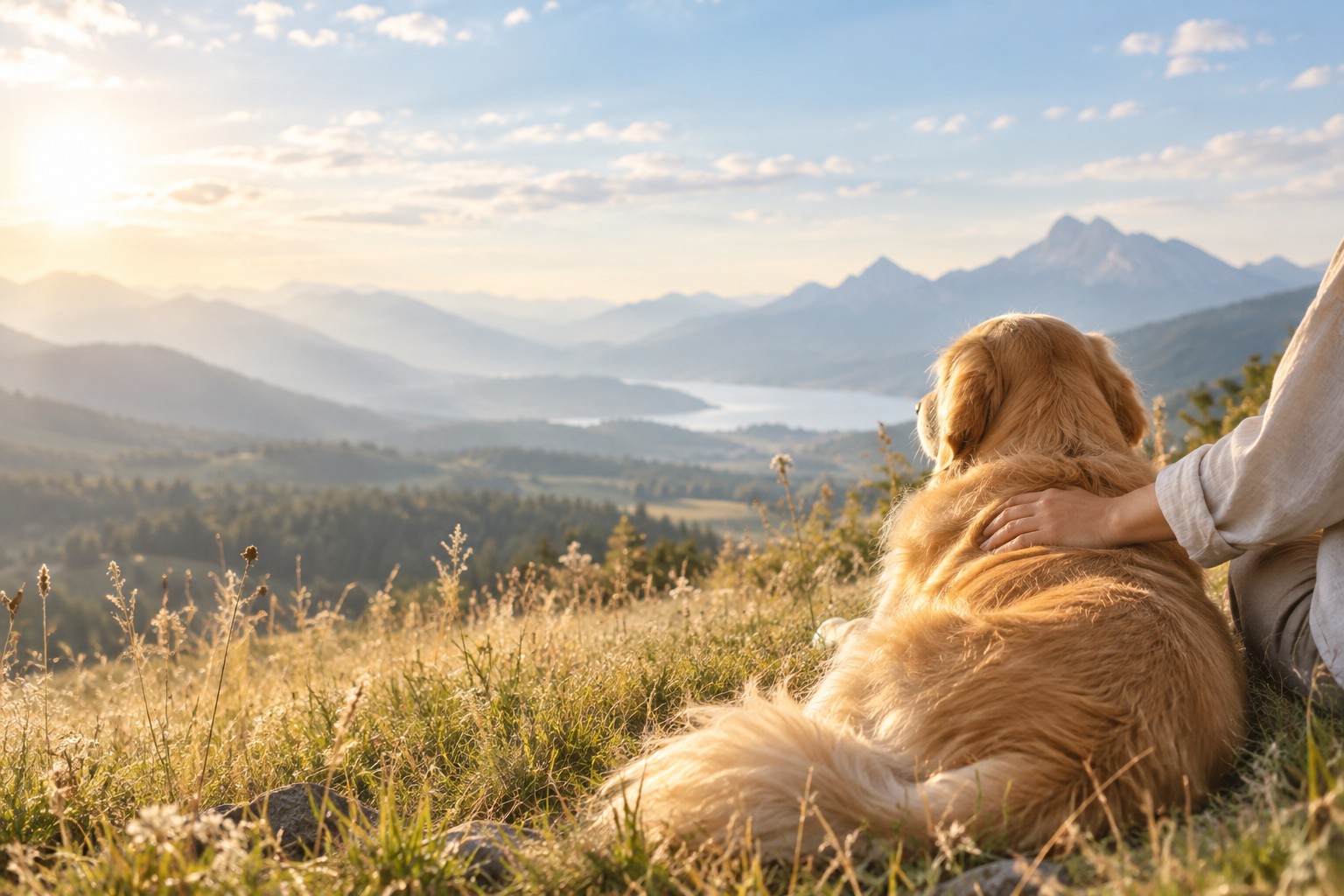 An illustrated moment of companionship: a dog and a person together in a sunlit meadow